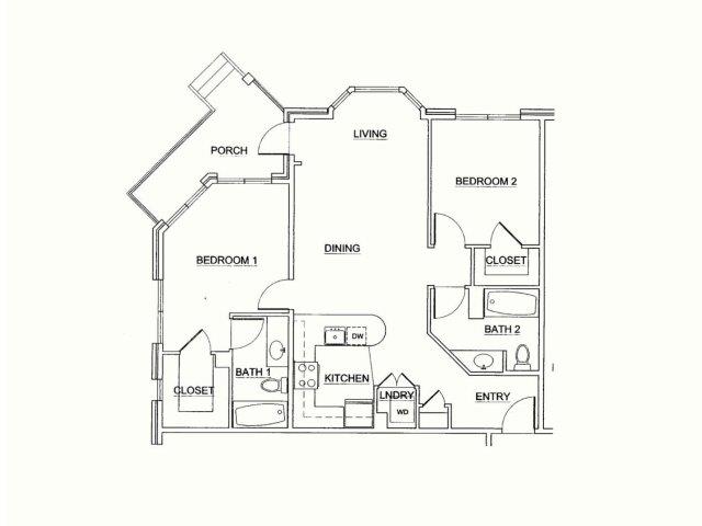 Floor plan for 2 beds, 2 baths, 962 sqft